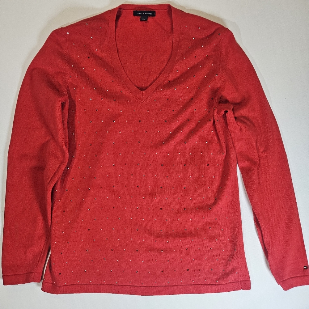 Tommy Hilfiger Womens Sweater Size Large Red Gold‎ Sequined Y2K 90s Designer Top